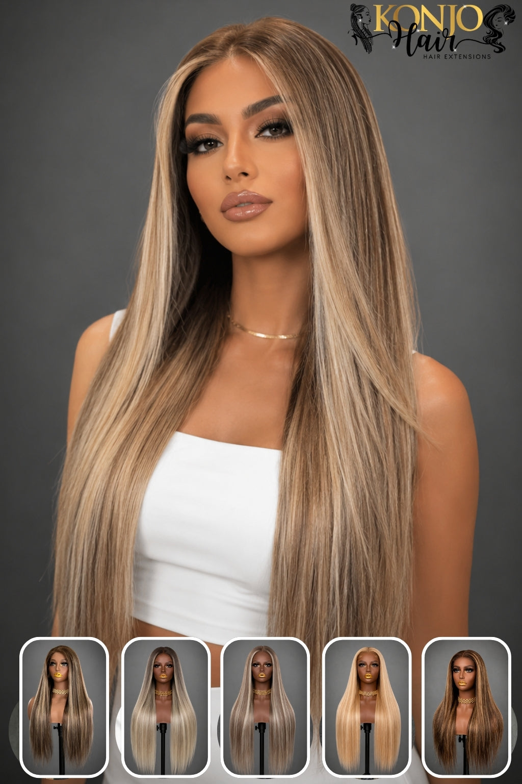 13x4 frontal wig made with 100% human hair in a straight highlight balayage color blend. Features ear-to-ear lace coverage, a natural hairline, realistic scalp appearance, and versatile styling options including middle part, side part, and high ponytail.