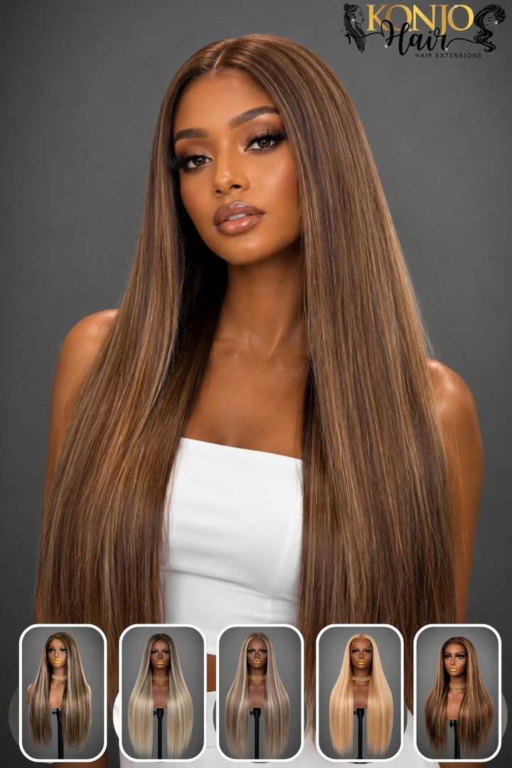 2x6 closure wig made with 100% human hair in a straight highlight balayage color blend. Features a natural middle part, realistic scalp appearance, silky straight texture, and a lightweight design for everyday wear.