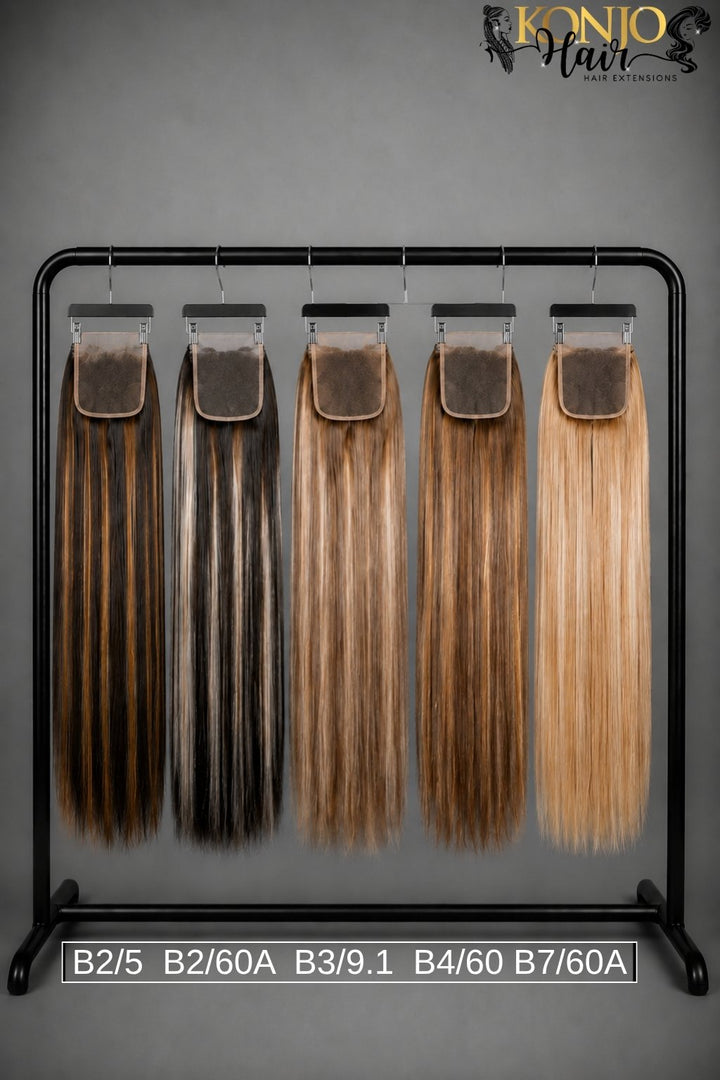 5x5 HD lace closure hair color chart featuring B2/5, B2/60A, B3/9.1, B4/60 and B7/60A shades by Konjo Hair