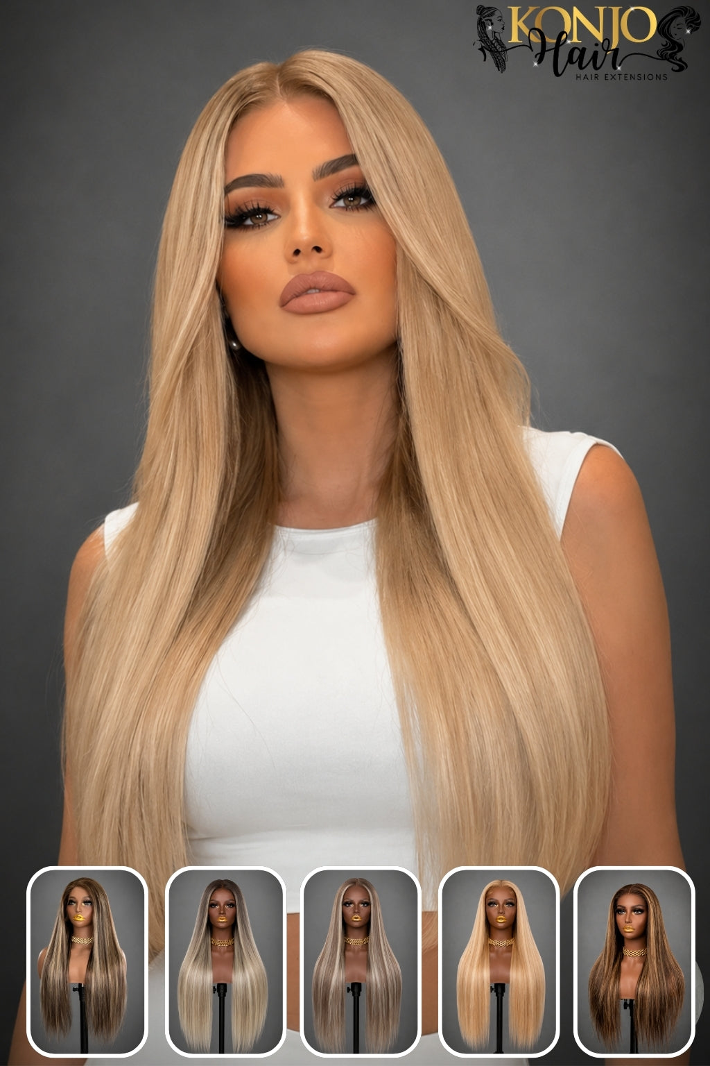 5x5 closure wig made with 100% human hair in a straight highlight balayage color blend. Natural-looking scalp appearance with a middle part, smooth silky texture, and realistic hairline for everyday wear.