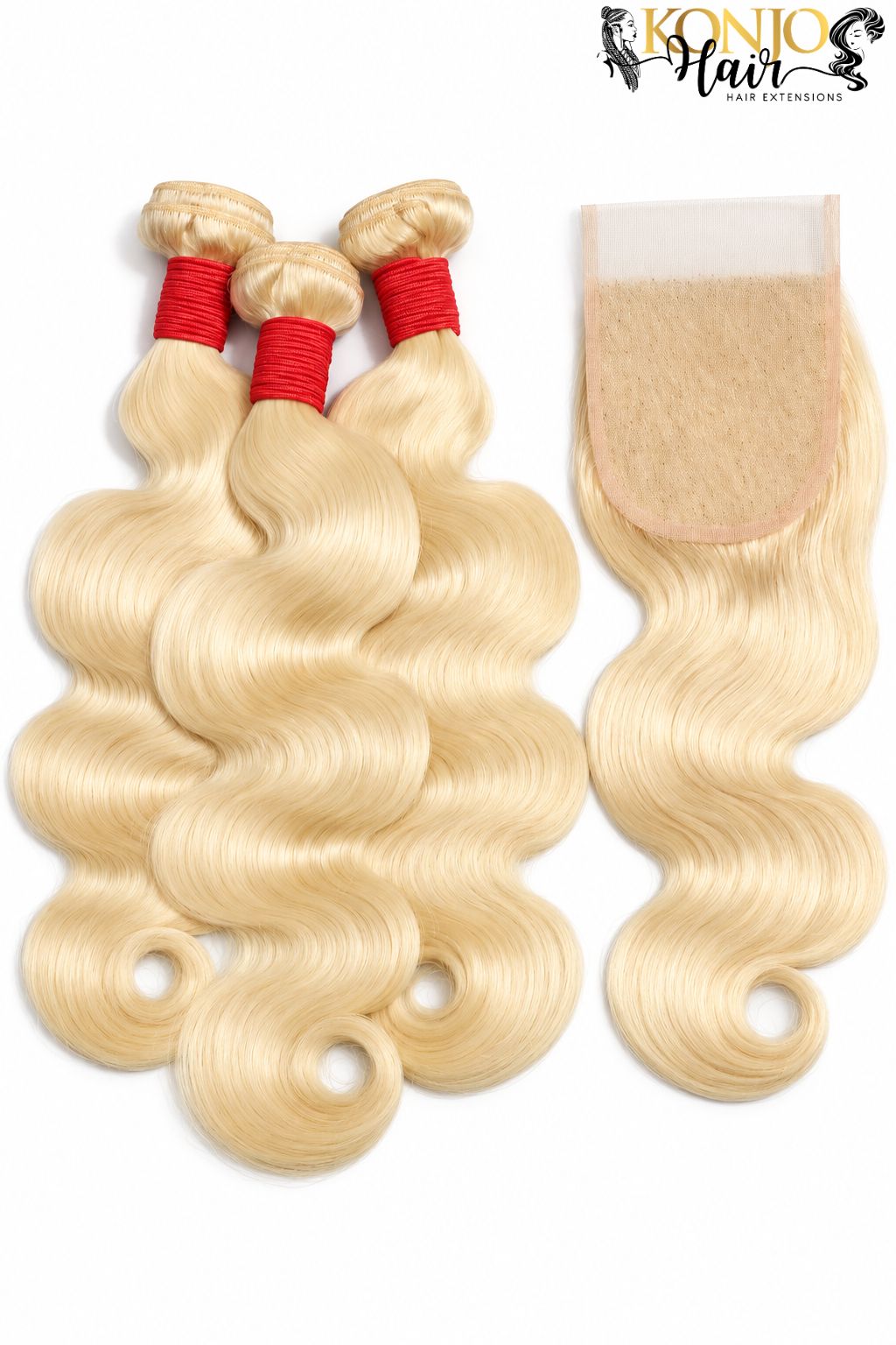 Three body wave human hair bundles in 613 blonde with 5x5 HD Lace Closure, studio product photo on white background