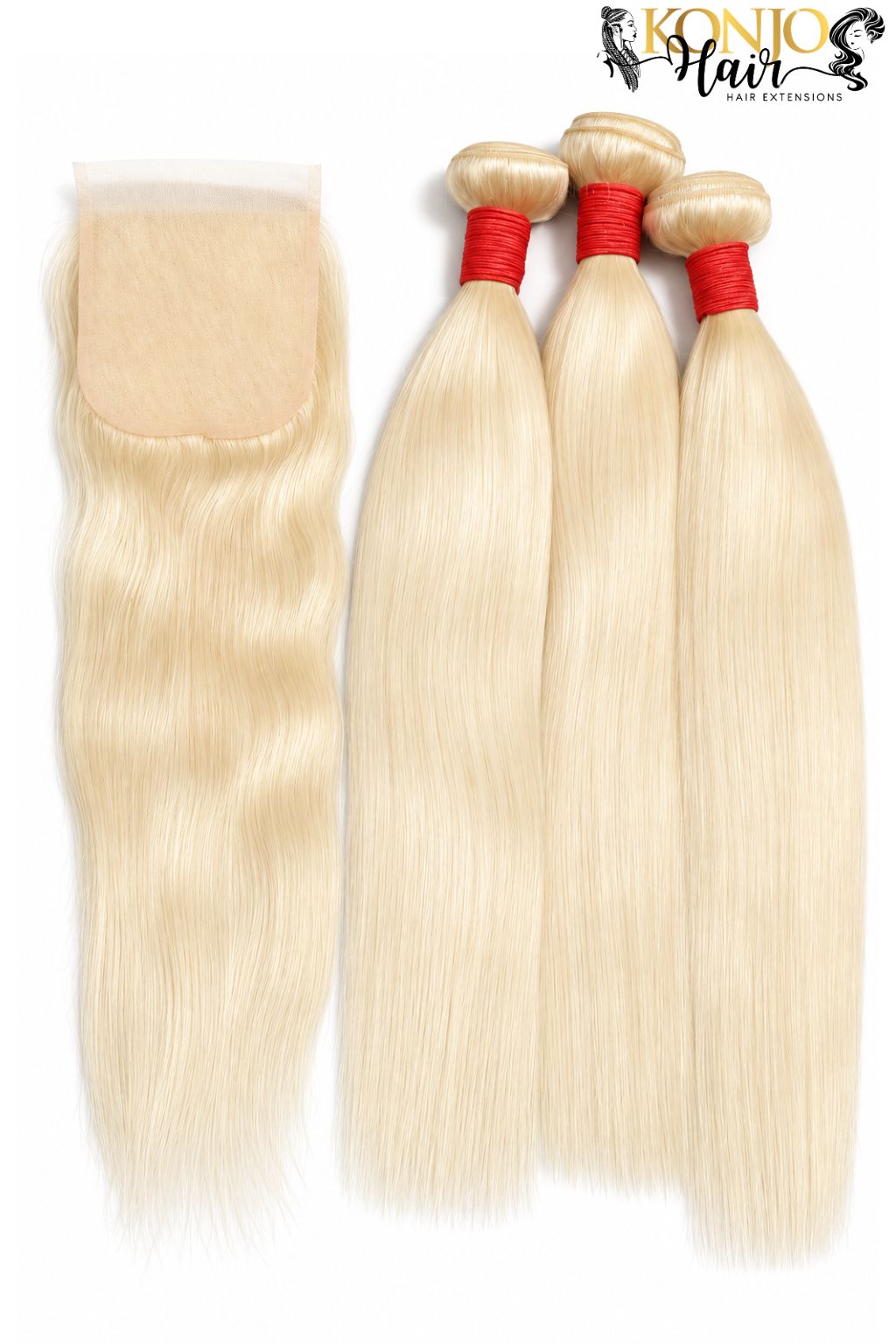 Three straight human hair bundles in 613 blonde with 5x5 HD Lace Closure, studio product photo on white background