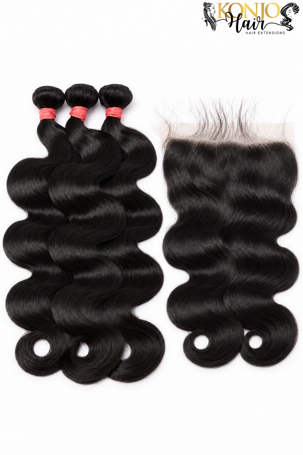 Three body wave human hair bundles in natural black with 13x4 HD Lace Frontal, studio product photo on white background