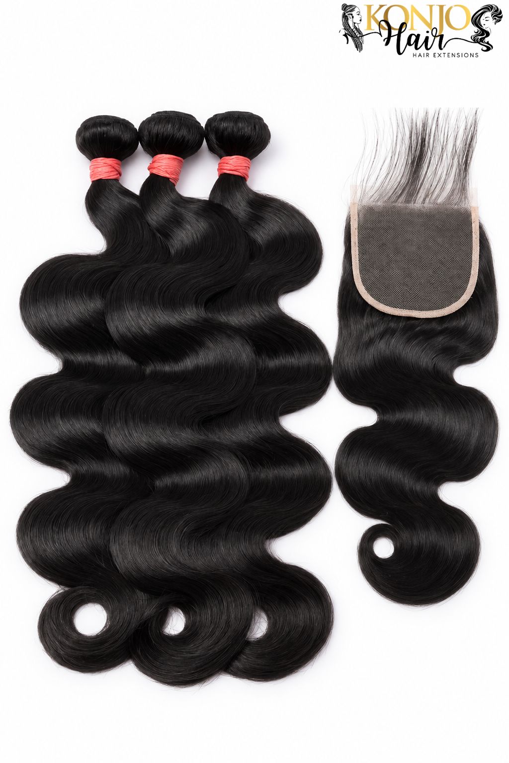 Three body wave human hair bundles in natural black with 5x5 HD Lace Closure, studio product photo on white background