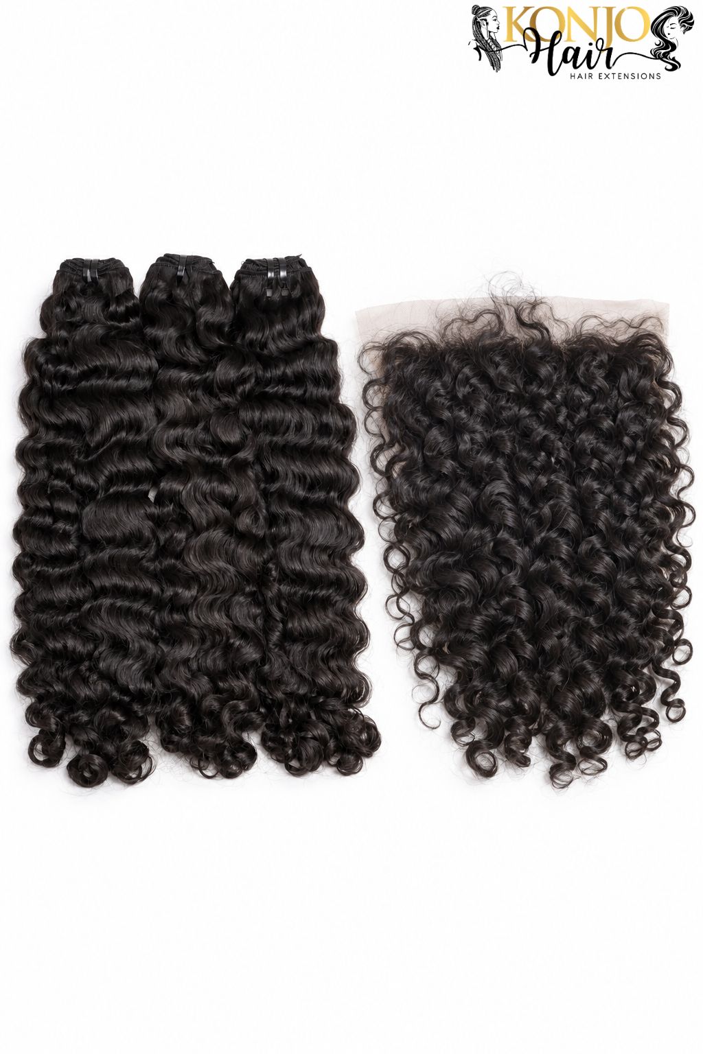Three burmese curly human hair bundles in natural black with 13x4 HD Lace Frontal, studio product photo on white background