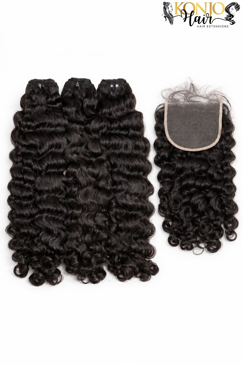 Three burmese curly human hair bundles in natural black with 5x5 HD Lace Closure, studio product photo on white background