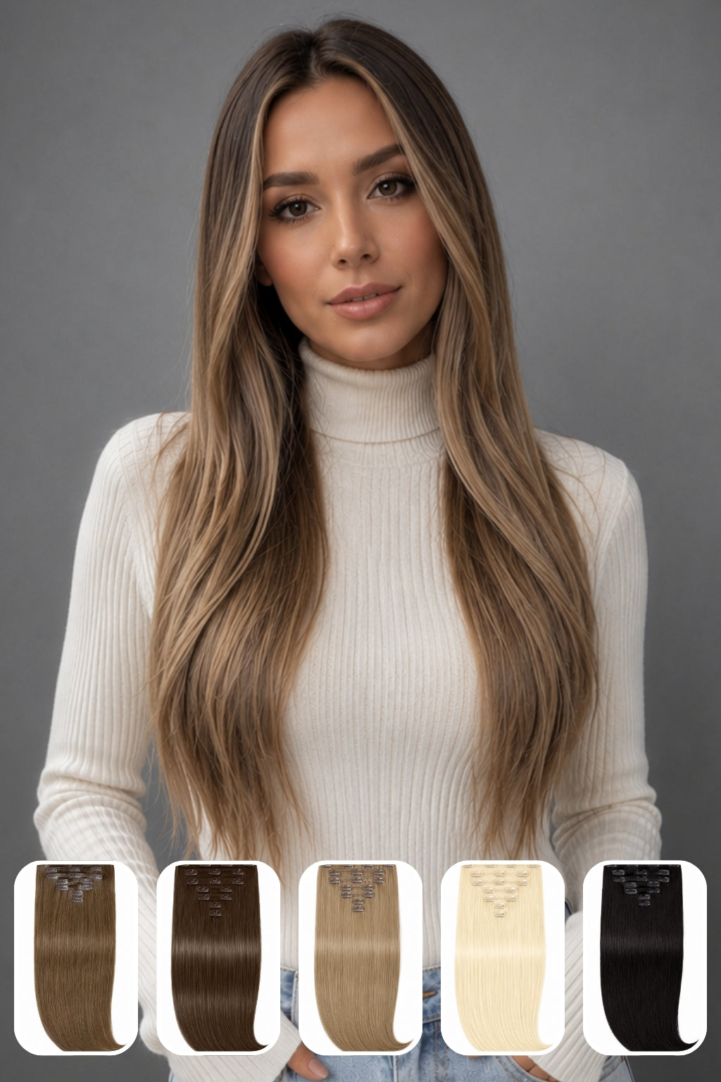 Beautiful woman wearing dark ash blonde clip-in hair extensions with a silky straight finish, white ribbed turtleneck sweater and light blue jeans, posing in a professional studio with a gray background. Natural-looking balayage blend, long straight human hair extensions, realistic beauty and hair fashion photography.