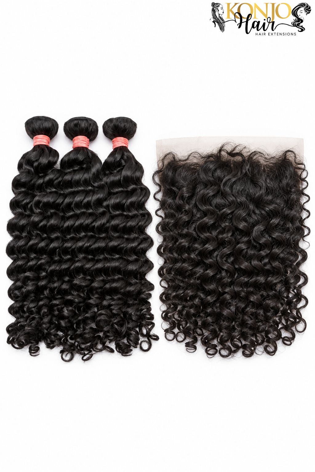 Three deep wave human hair bundles in natural black with 13x4 HD Lace Frontal, studio product photo on white background