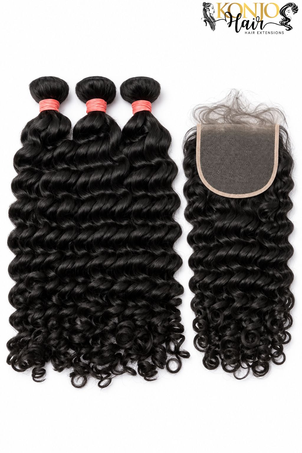 Three deep wave human hair bundles in natural black with 5x5 HD Lace Closure, studio product photo on white background