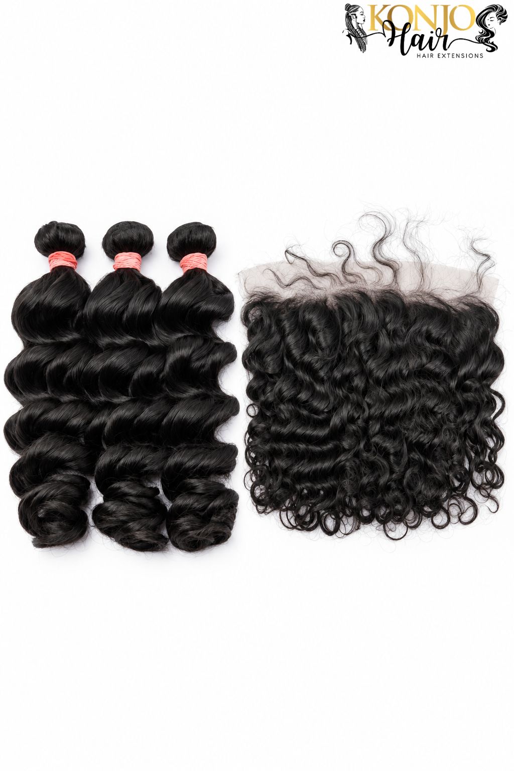 Three loose wave human hair bundles in natural black with 13x4 HD Lace Frontal, studio product photo on white background