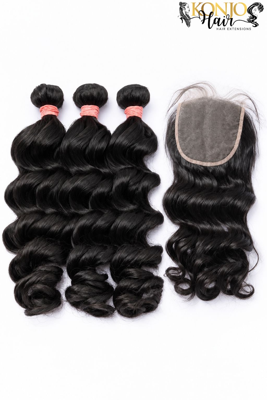 Three loose wave human hair bundles in natural black with 5x5 HD Lace Closure, studio product photo on white background