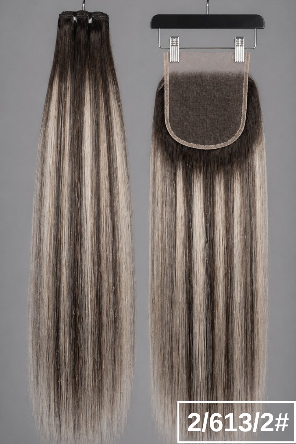 Set 2/613/2 5x5 Closure + bundles: High-quality 5x5 lace closure and bundles in color 2/613/2, a high-contrast brunette and platinum blonde mix.