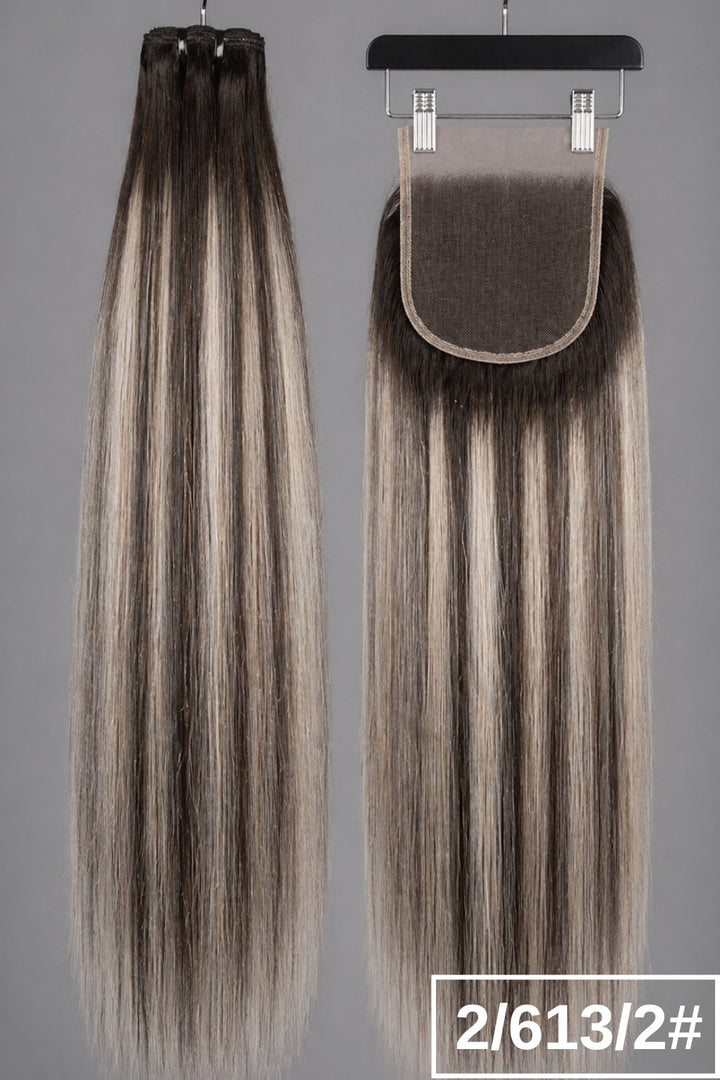 Set 2/613/2 5x5 Closure + bundles: High-quality 5x5 lace closure and bundles in color 2/613/2, a high-contrast brunette and platinum blonde mix.