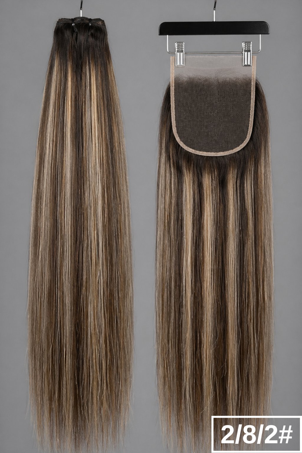 Set 2/8/2 5x5 Closure + bundles: Professional 5x5 lace closure and hair bundles in color 2/8/2, featuring a dark brown base with golden honey highlights for a natural look.