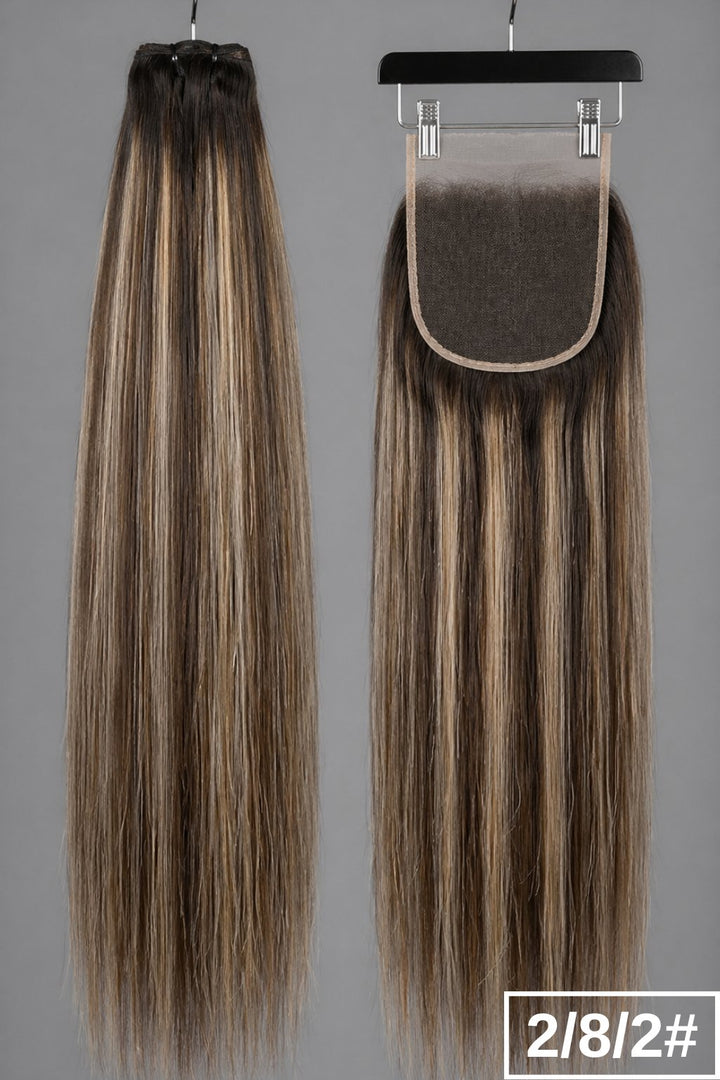 Set 2/8/2 5x5 Closure + bundles: Professional 5x5 lace closure and hair bundles in color 2/8/2, featuring a dark brown base with golden honey highlights for a natural look.
