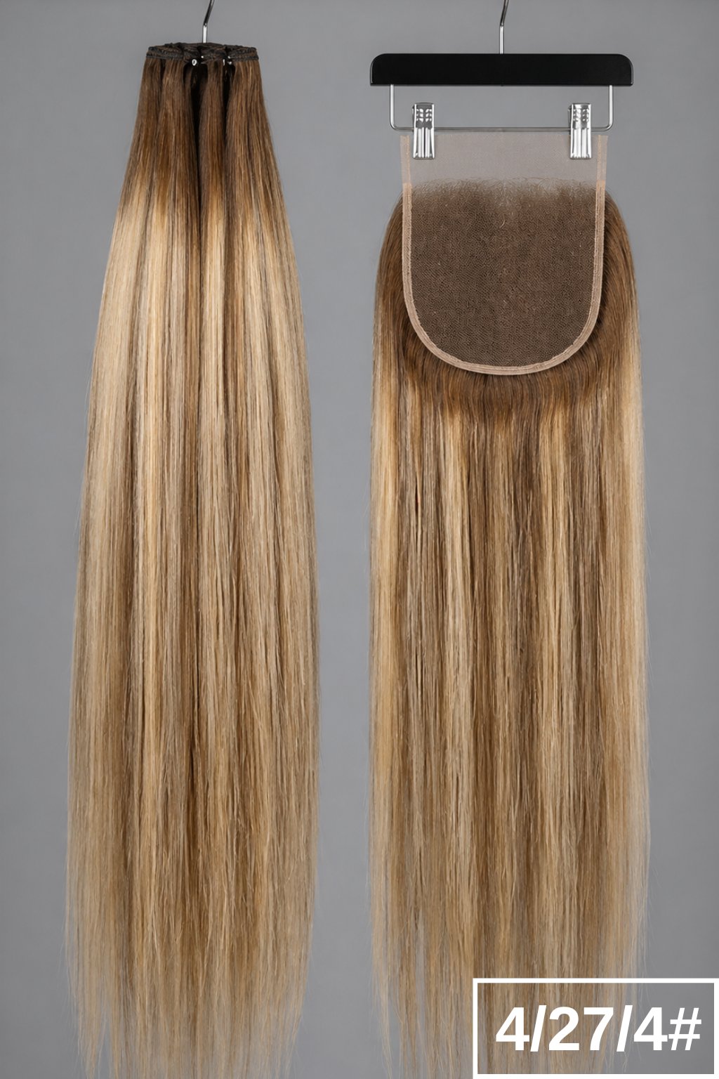 Set 4/27/4 5x5 Closure + bundles: Premium 5x5 lace closure and hair extensions set in color 4/27/4, chocolate brown blended with warm caramel and toffee tones.