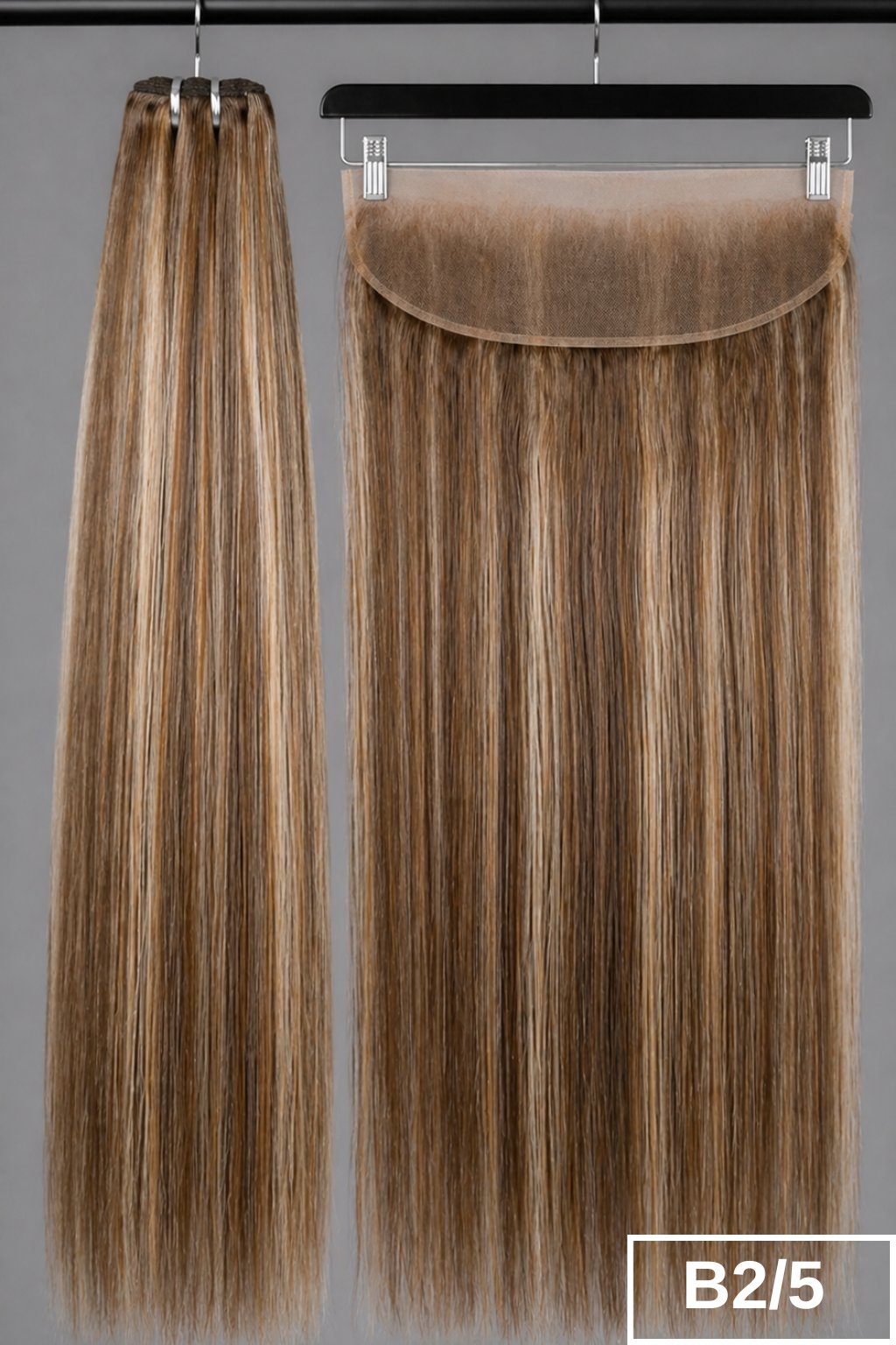 Set of B2/5 Dark Chocolate Caramel human hair bundles with a matching 13x4 frontal lace closure for weaving.