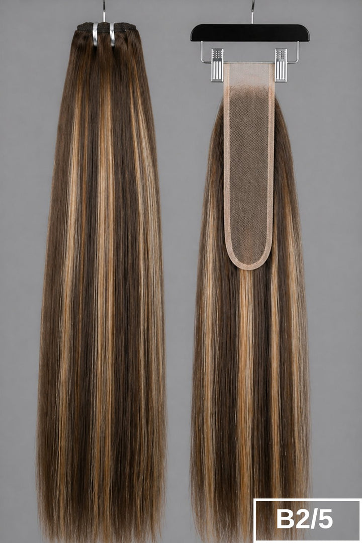 B2/5 Dark Chocolate Caramel straight human hair bundles + 2x6 HD lace closure set.