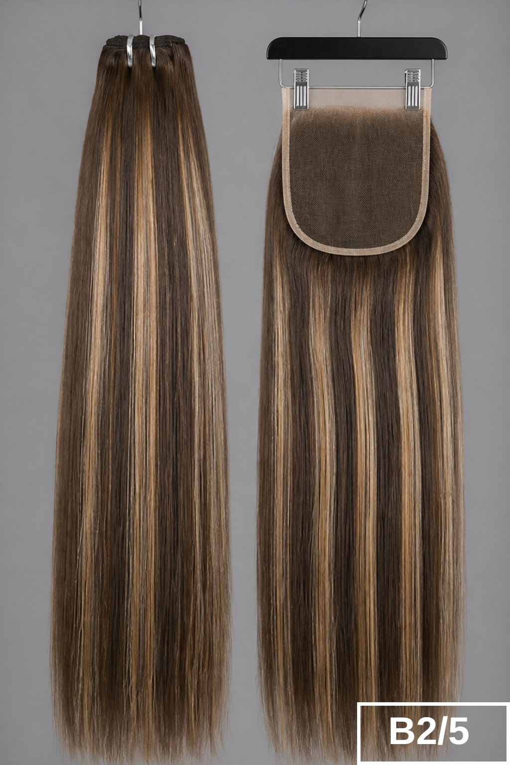 B2/5 Dark Chocolate Caramel straight human hair bundles + 5x5 HD lace closure set.