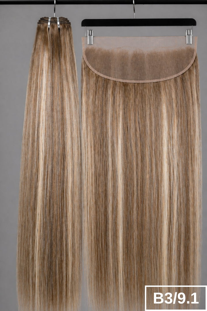 Set of B3/9.1 Smokey Ash Bronde human hair bundles with a matching 13x4 frontal lace closure for weaving.