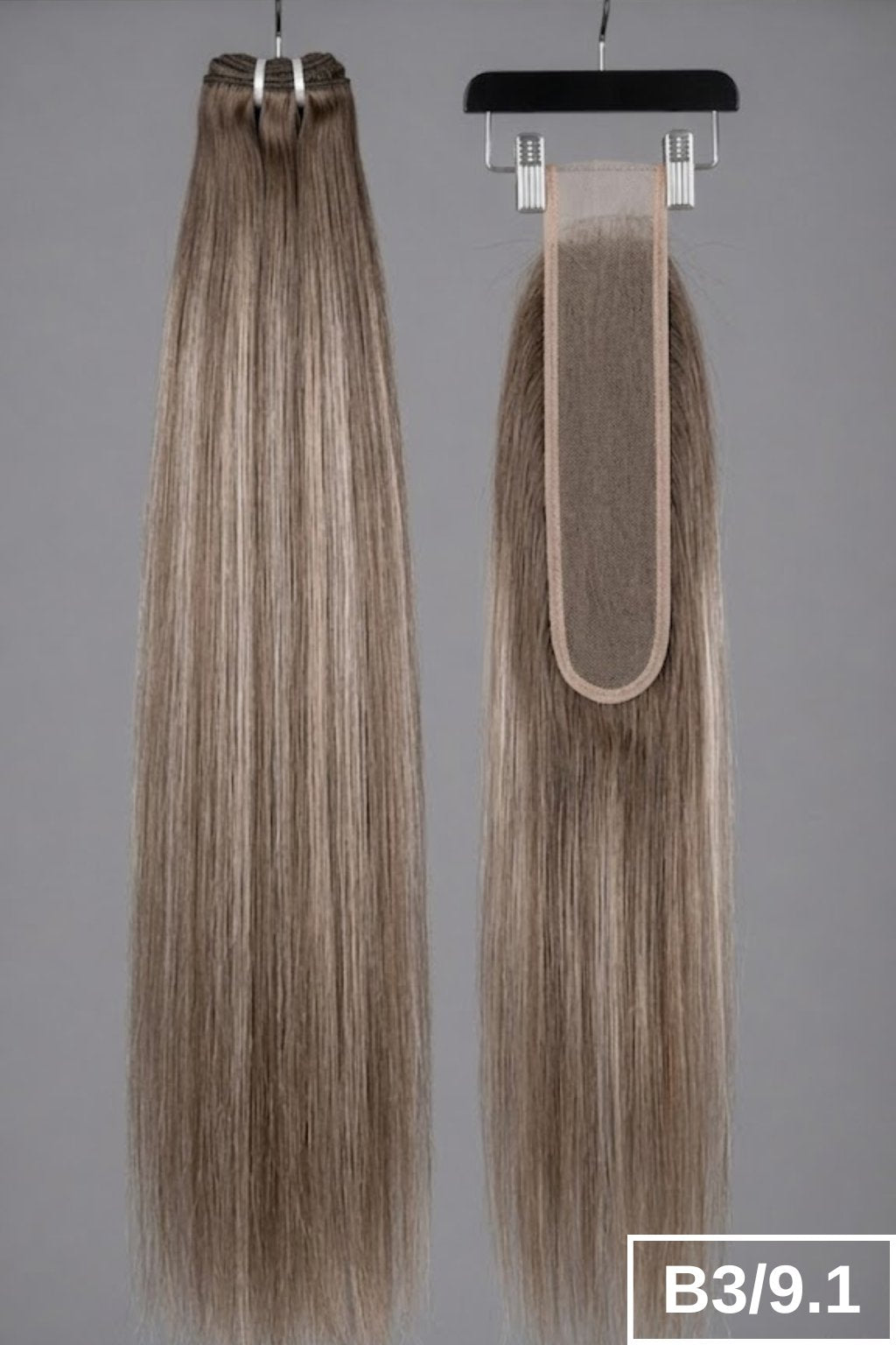 B3/9.1 Smokey Ash Bronde straight human hair bundles + 2x6 HD lace closure set.