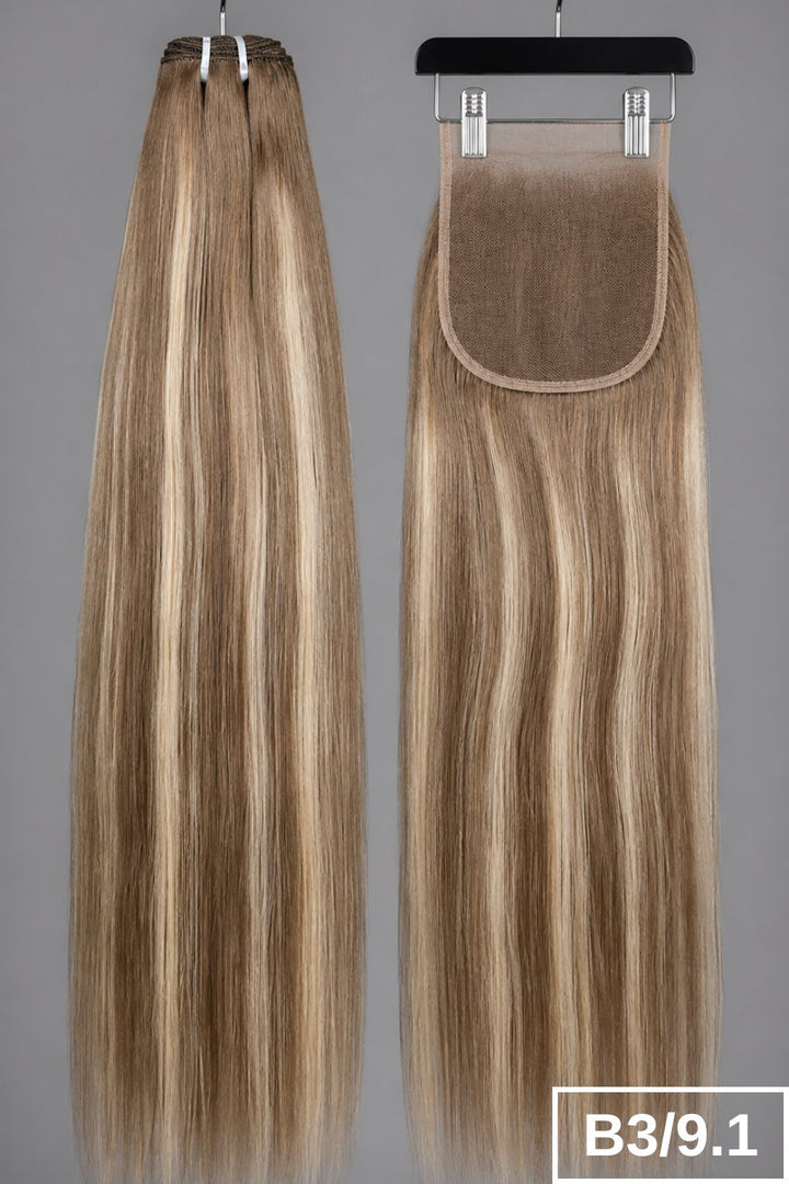 B3/9.1 Smokey Ash Bronde straight human hair bundles + 5x5 HD lace closure set.
