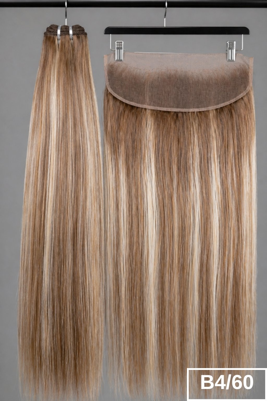 Set of B4/60 Golden Toffee human hair bundles with a matching 13x4 frontal lace closure for weaving.