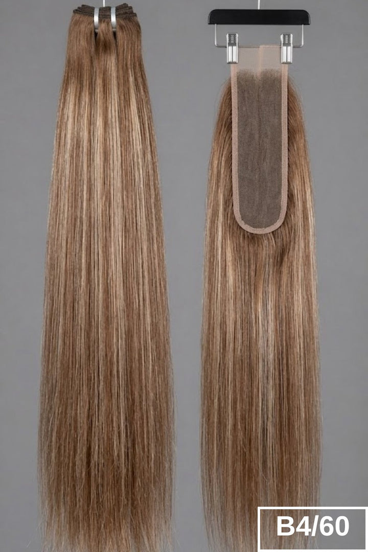 B4/60 Golden Toffee straight human hair bundles + 2x6 HD lace closure set.