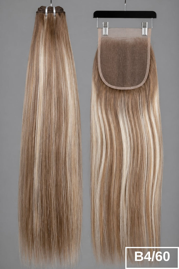 B4/60 Golden Toffee straight human hair bundles + 5x5 HD lace closure set.