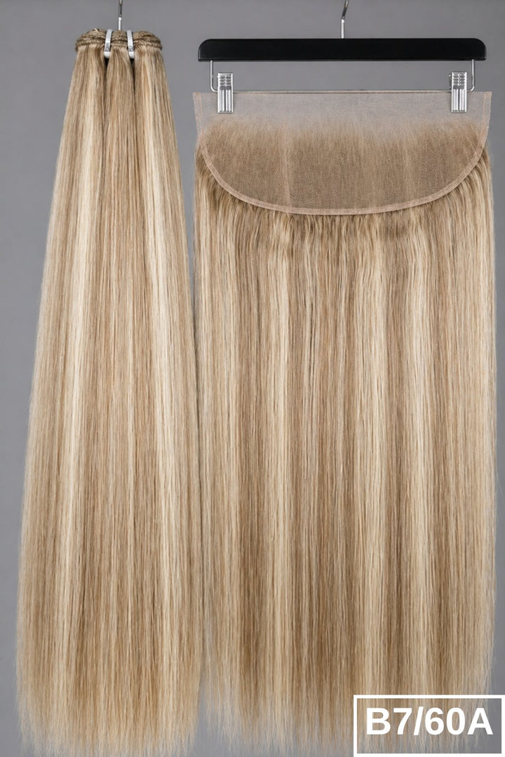 Set of B2/60A Dark Vanilla human hair bundles with a matching 13x4 frontal lace closure for weaving.