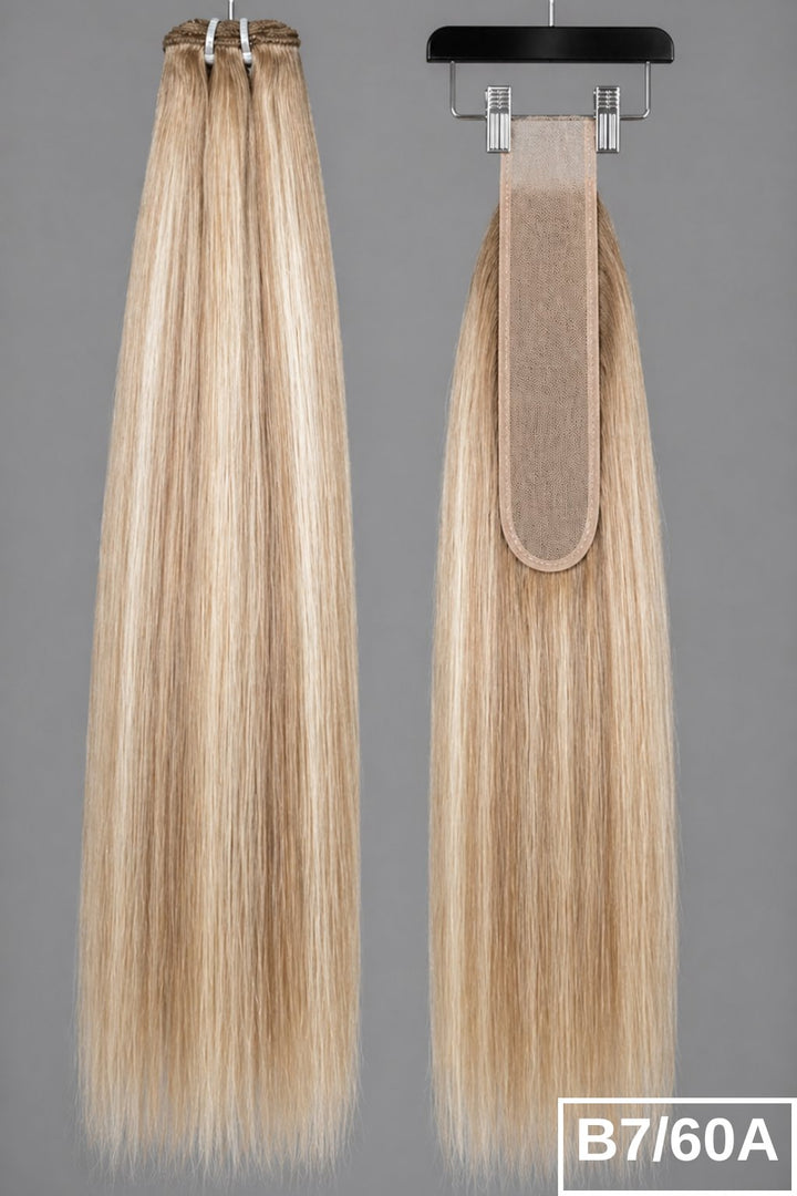 B7/60A Iced Pearl Blonde straight human hair bundles + 2x6 HD lace closure set.