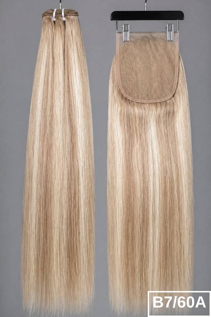 B7/60A Iced Pearl Blonde straight human hair bundles + 5x5 HD lace closure set.