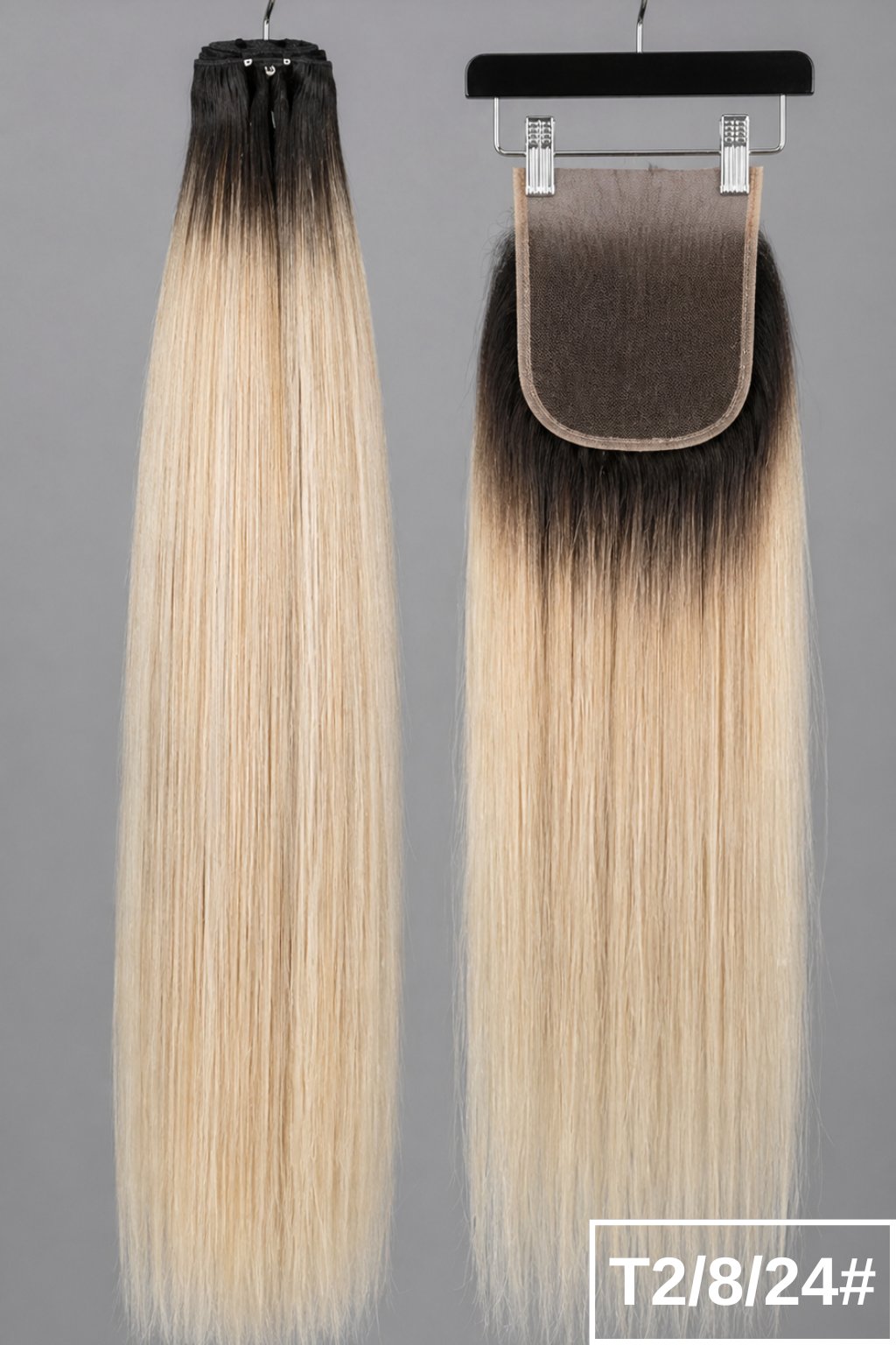 Set T2/8/24 5x5 Closure + bundles: Ombre 5x5 lace closure and hair bundles in color T2/8/24, featuring deep roots transitioning to honey gold and champagne blonde.