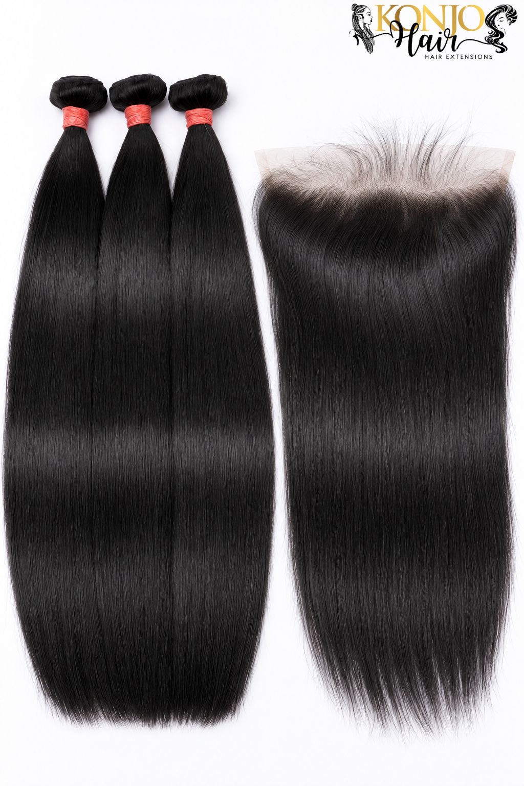 Three straight human hair bundles in natural black with 5x5 HD Lace Closure, studio product photo on white background