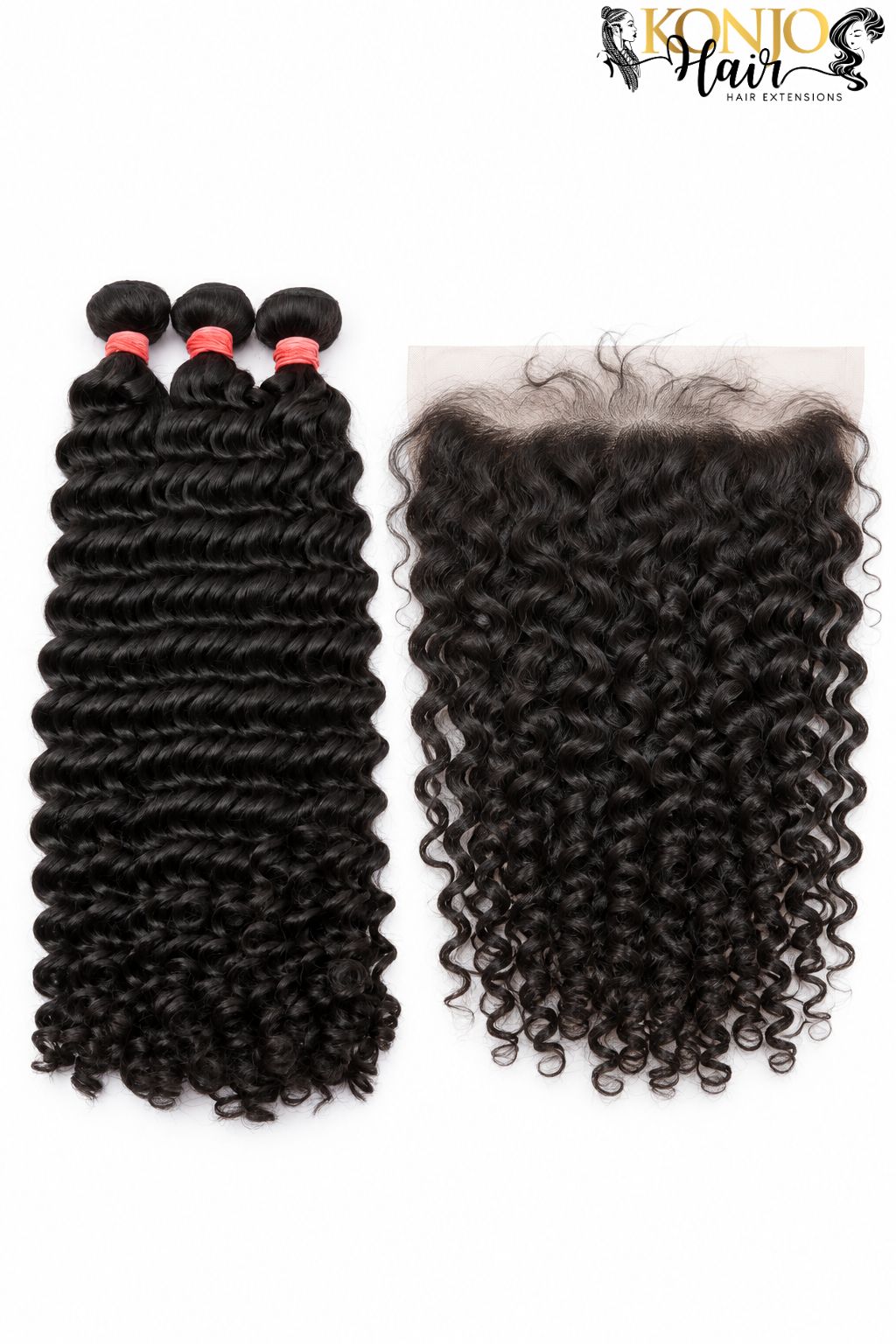 Three curly human hair bundles in natural black with 13x4 HD Lace Frontal, studio product photo on white background