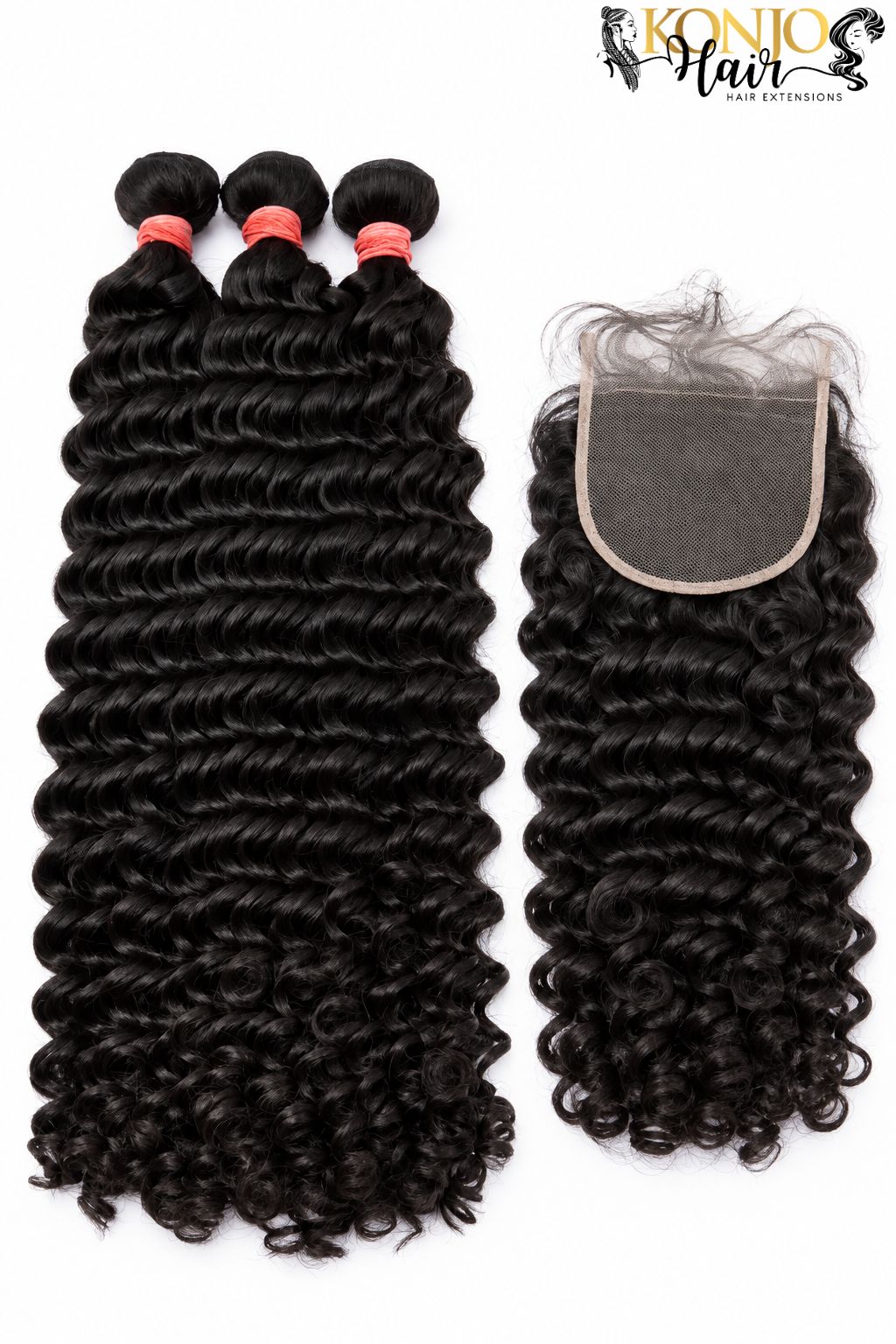 Three curly human hair bundles in natural black with 5x5 HD Lace Closure, studio product photo on white background