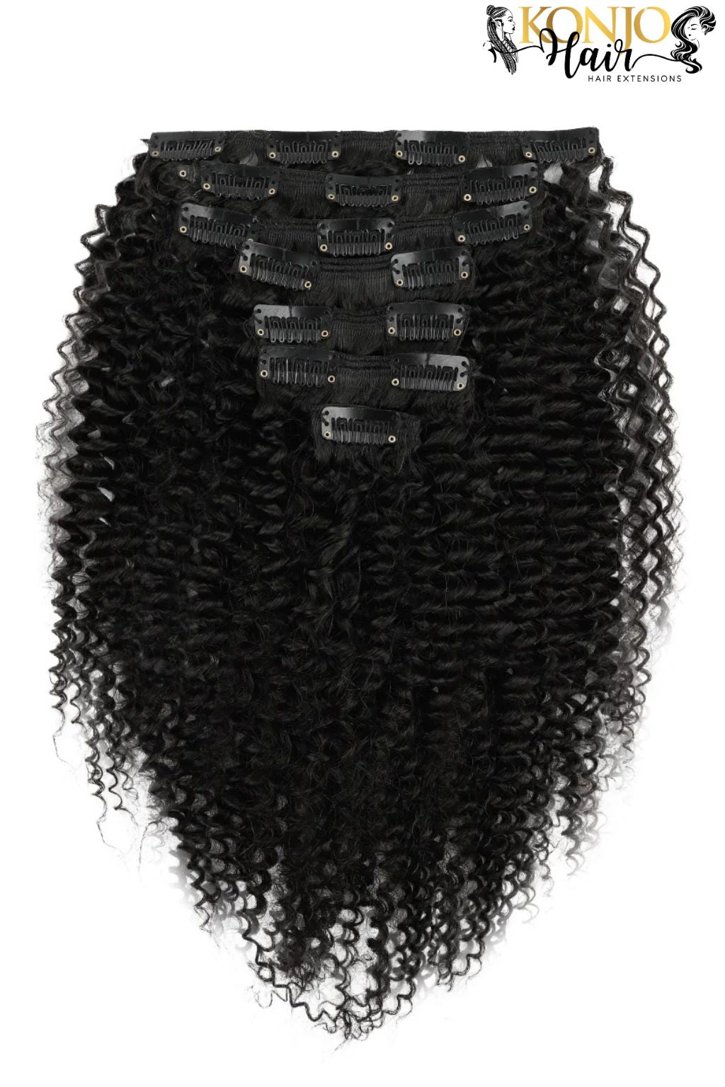 Curly human hair clip-in extensions - back view showing clips and wefts