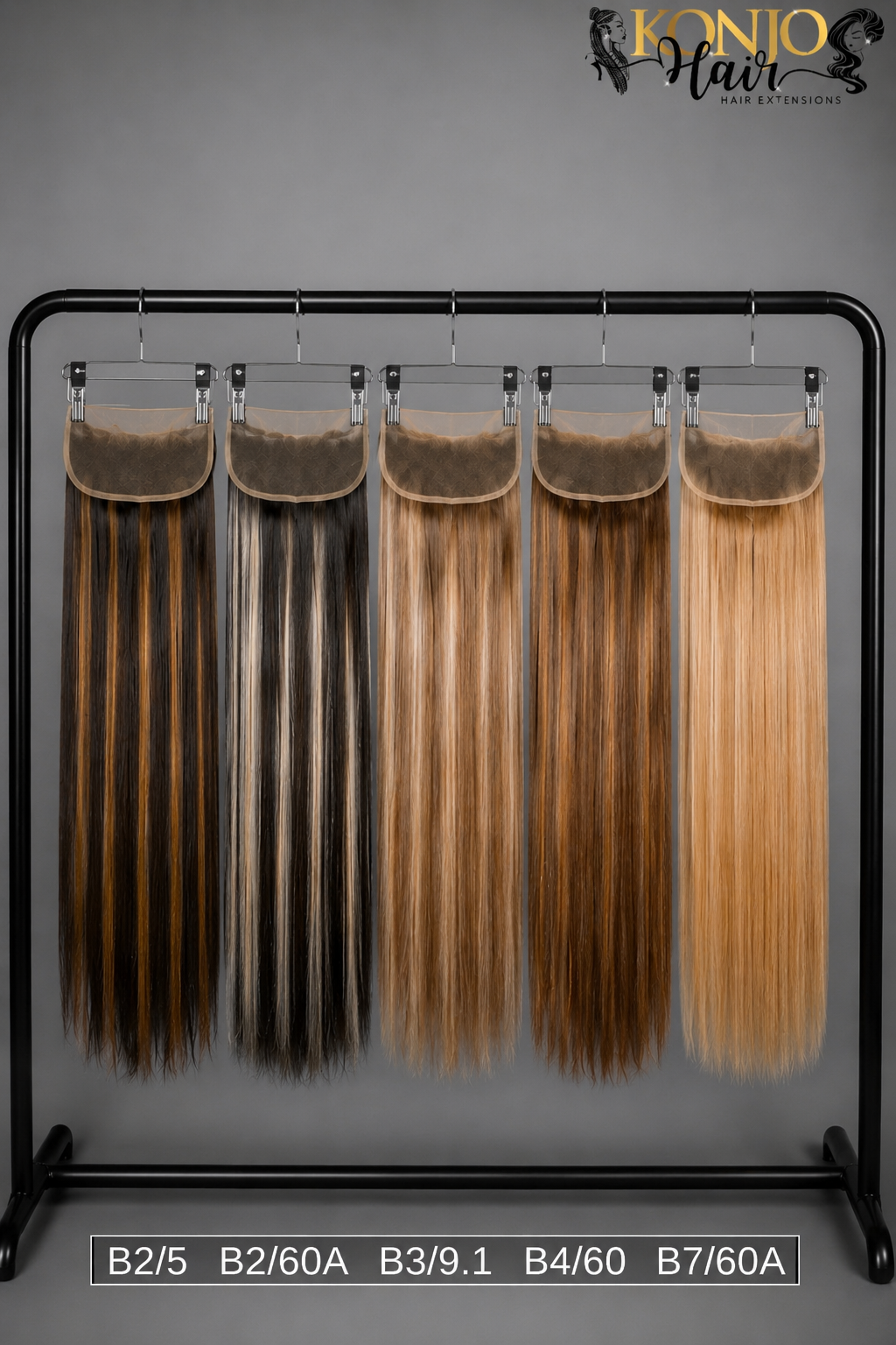 HD lace frontal hair color chart featuring B2/5, B2/60A, B3/9.1, B4/60 and B7/60A highlight shades by Konjo Hair