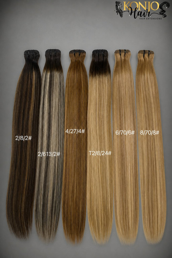 human hair extensions color chart showing multi tone straight bundles shades 2/8/2 2/613/2 4/27/4 T2/8/24 6/70/6 8/70/8