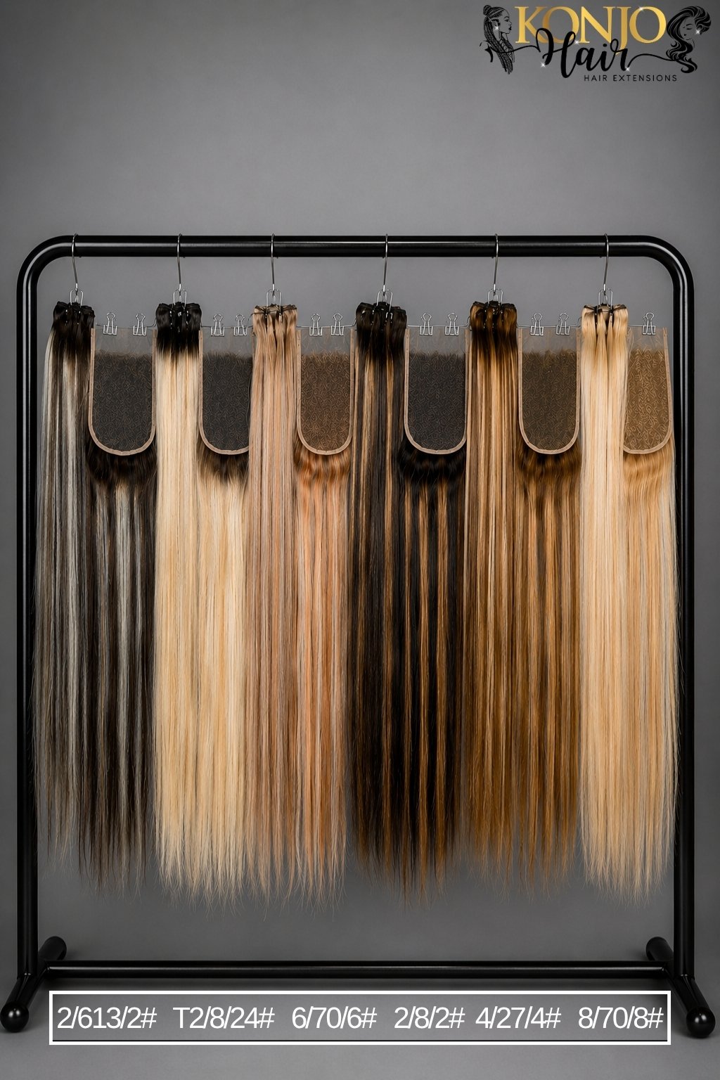 Highlighted lace closure color collection featuring 2/613/2#, T2/8/24#, 6/70/6#, 2/8/2#, 4/27/4# and 8/70/8# shades by Konjo Hair
