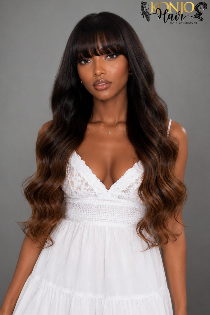 African model wearing a natural black to brown 