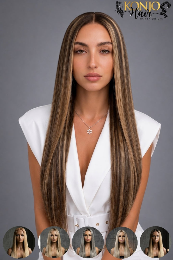 Luxury straight highlight balayage human hair wig with long silky hair on model