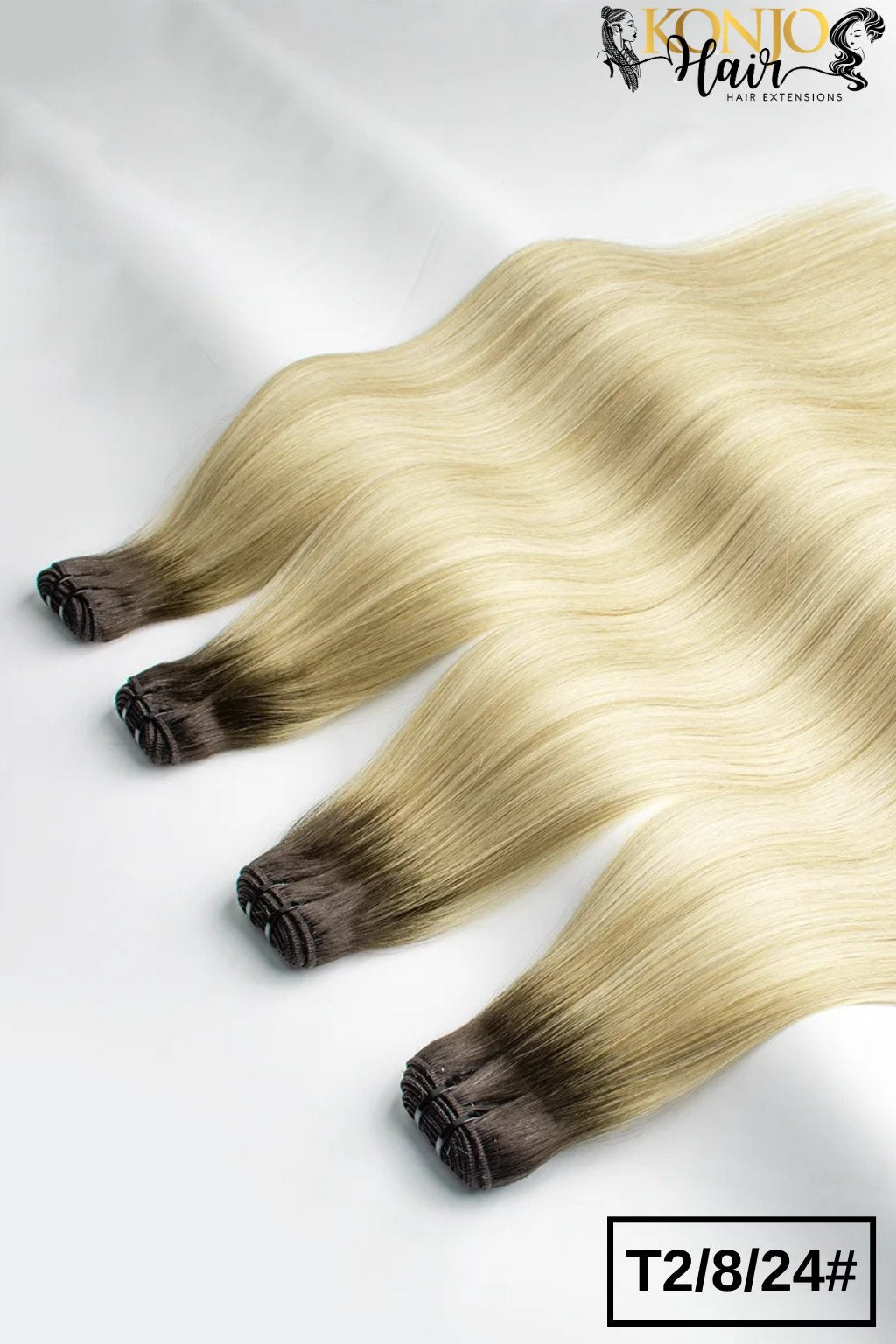 ALT: T2/8/24 rooted ash blonde to golden blonde straight human hair bundles - front display
