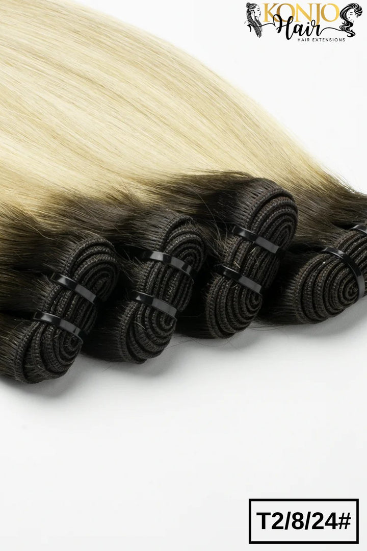 T2/8/24 straight human hair bundles - weft top view close up